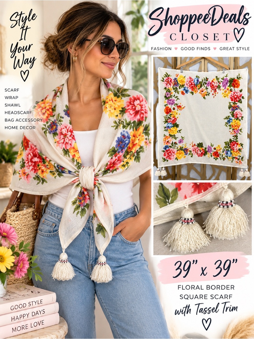 Floral Border Square Scarf with Tassel Trim 39” x 39”